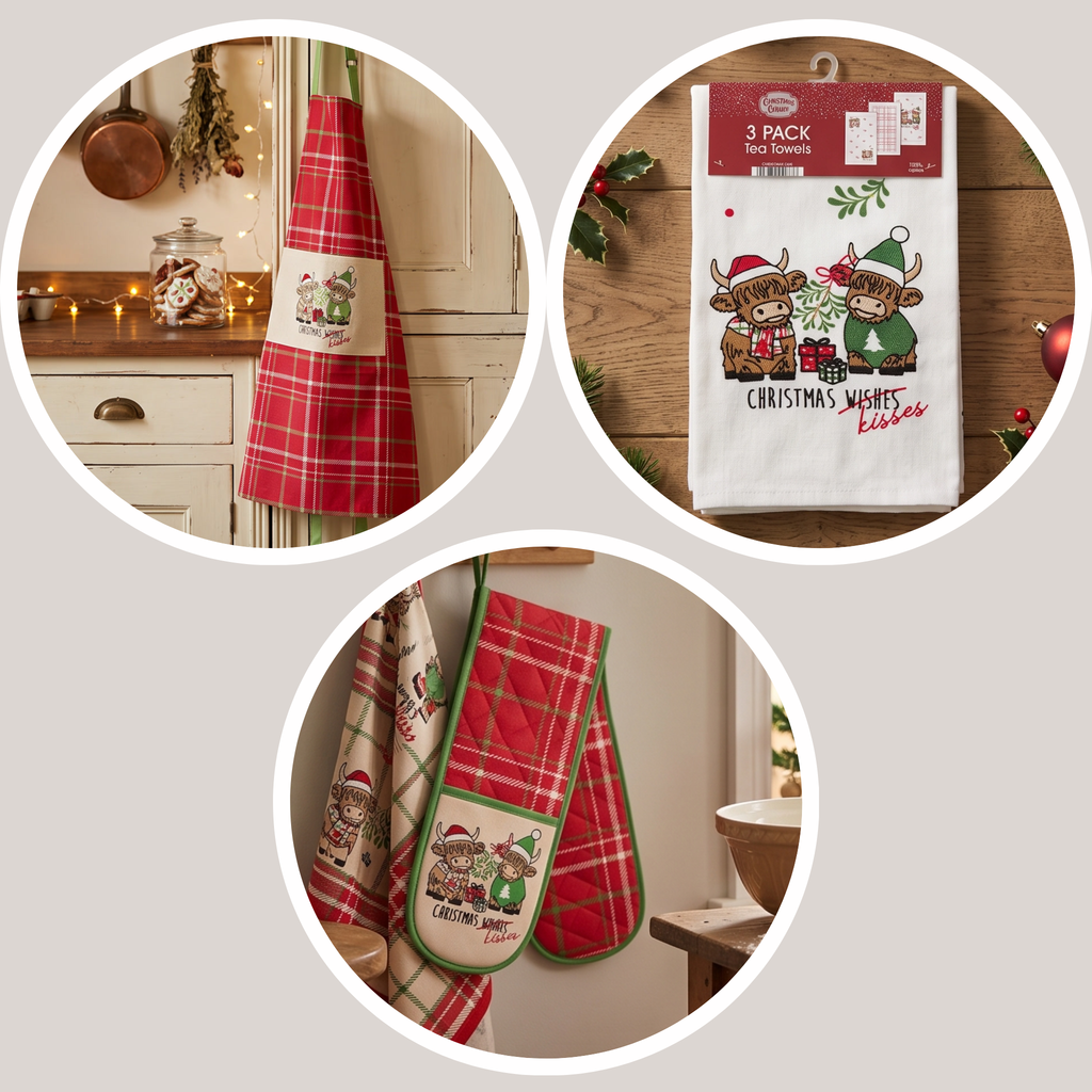 3pk Tea Towels - Highland Cow Christmas Kisses