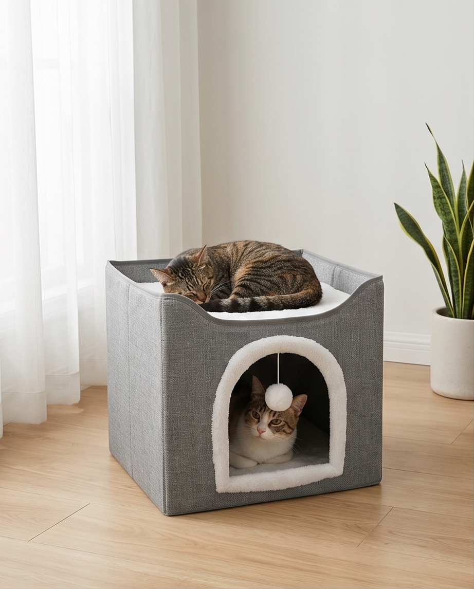 Foldable Cat House with Scratching Board
