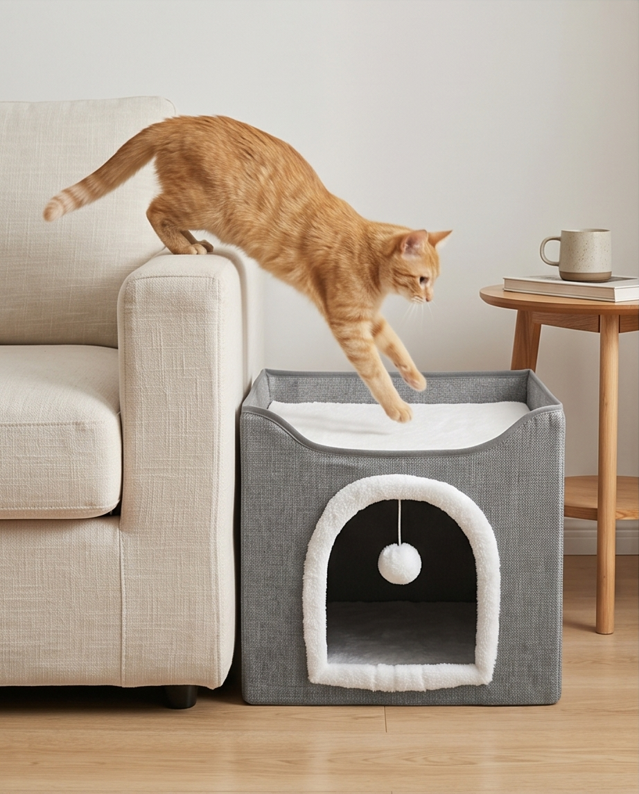 Foldable Cat House with Scratching Board