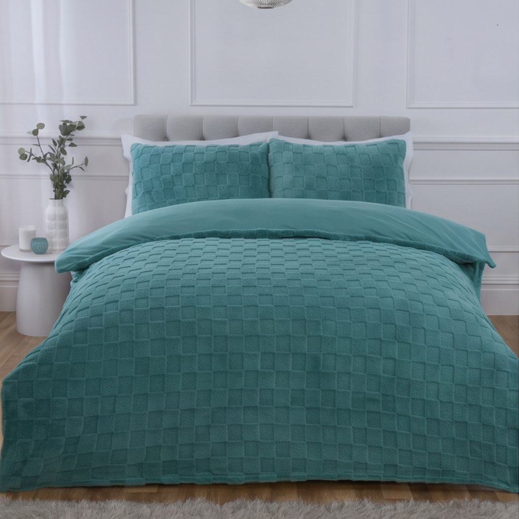 Luxury Teddy Bedding Duck Egg Check - Single