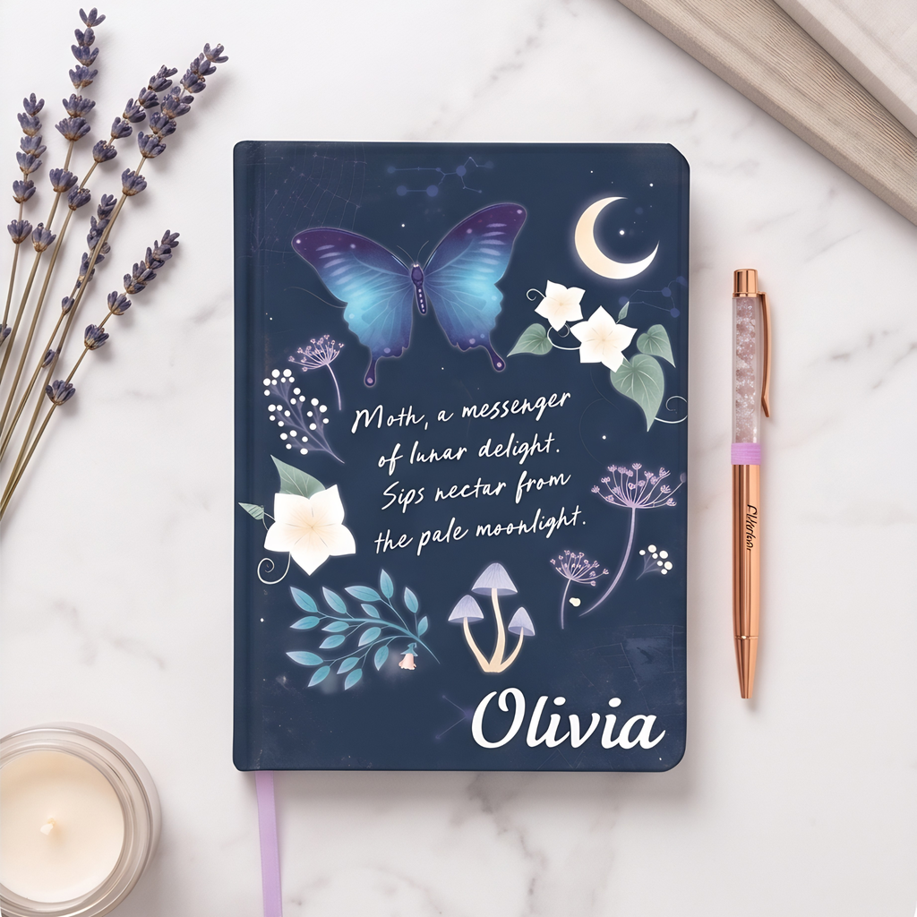 Personalised Midnight Moth Journal Amethyst Pen