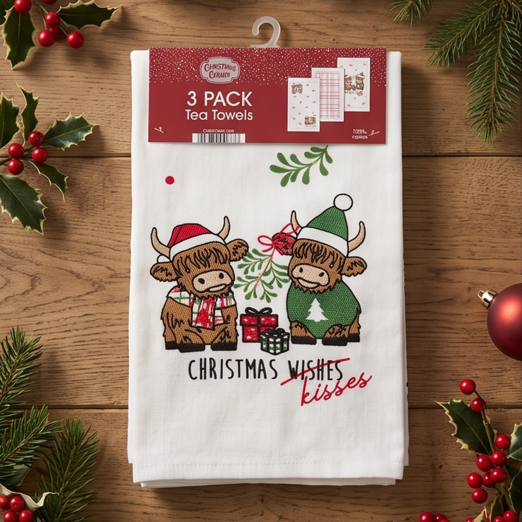 3pk Tea Towels - Highland Cow Christmas Kisses