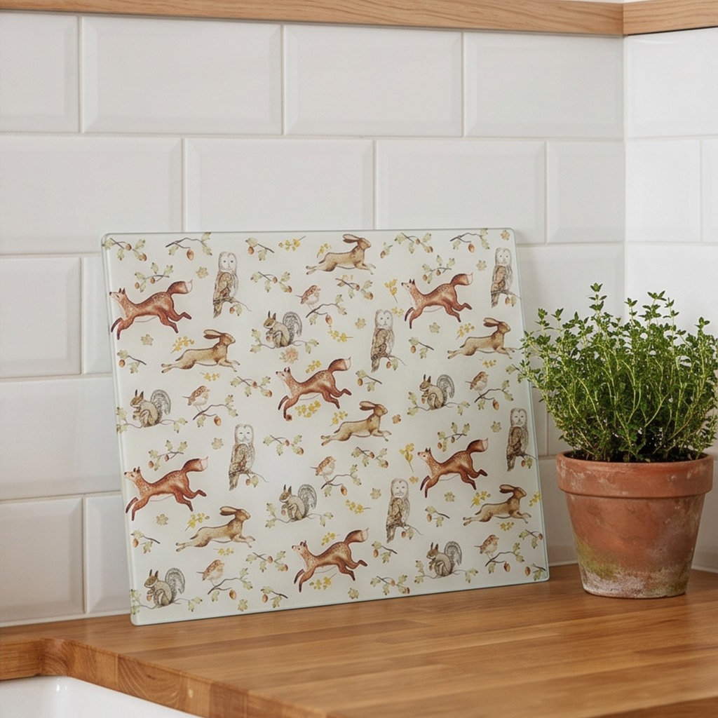 Forest Fable ( Owl, Rabbit)  - Glass Worktop Saver