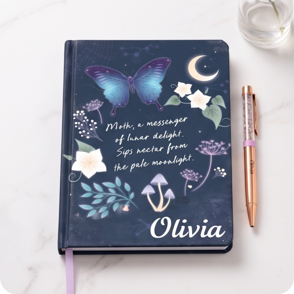 Personalised Midnight Moth Journal Amethyst Pen