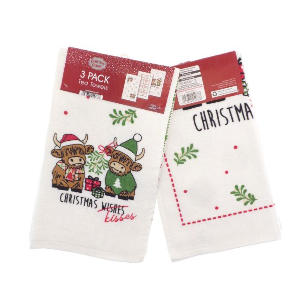 3pk Tea Towels - Highland Cow Christmas Kisses