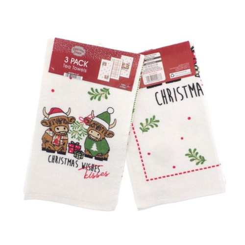 3pk Tea Towels - Highland Cow Christmas Kisses