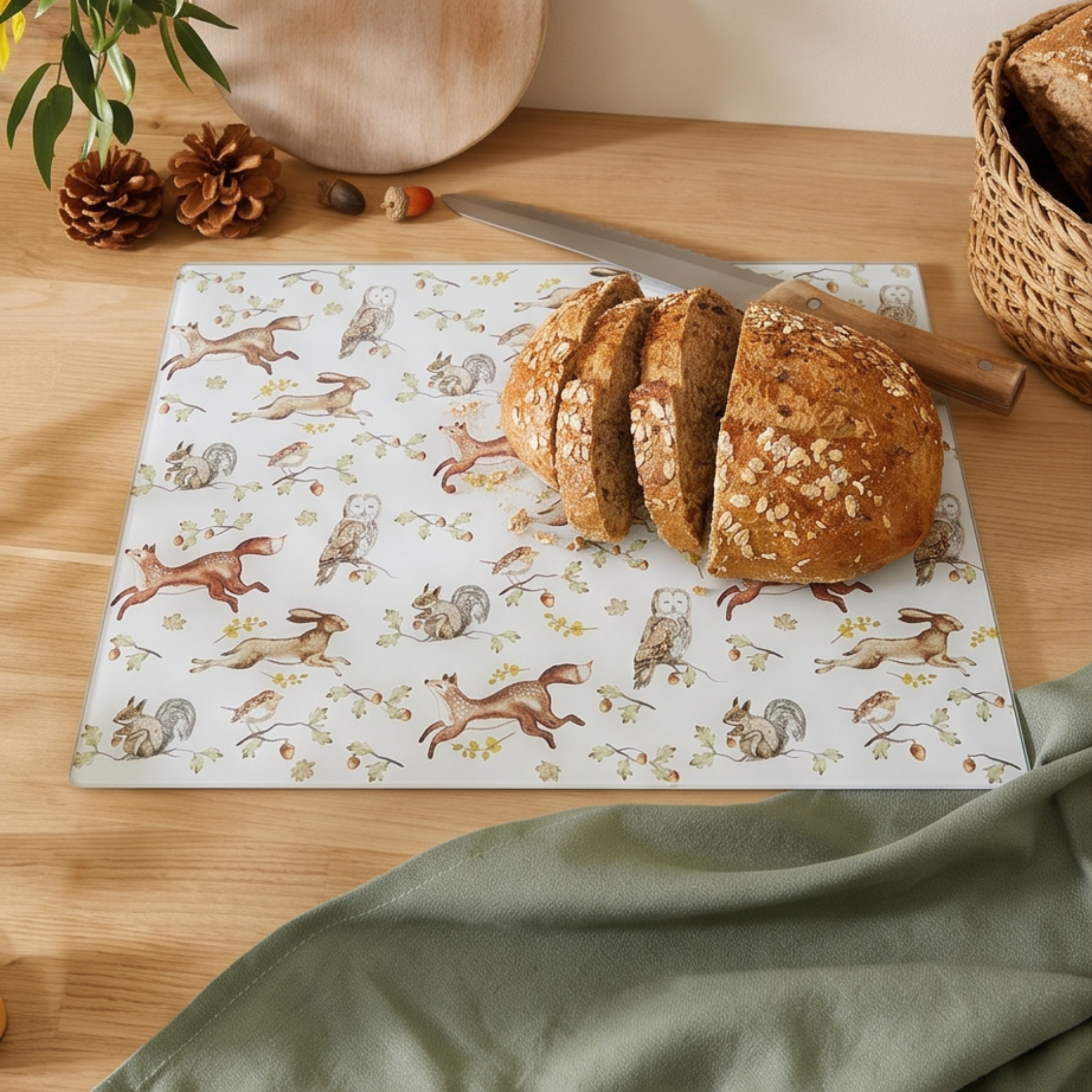 Forest Fable ( Owl, Rabbit)  - Glass Worktop Saver