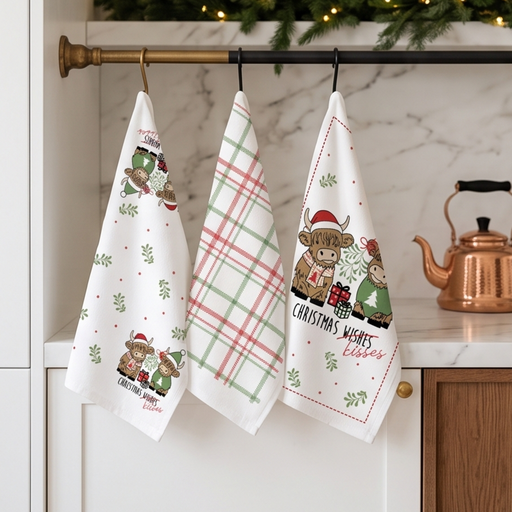 3pk Tea Towels - Highland Cow Christmas Kisses
