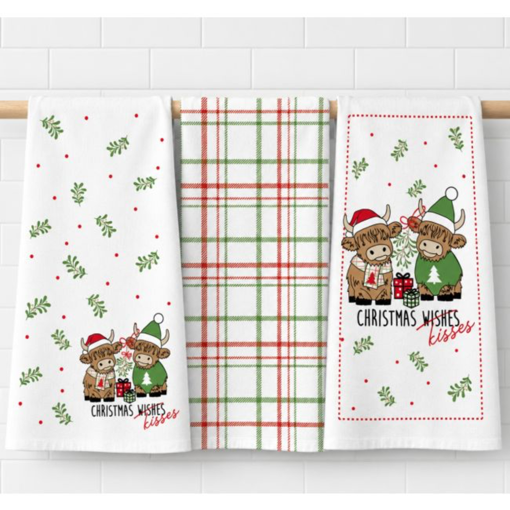 3pk Tea Towels - Highland Cow Christmas Kisses