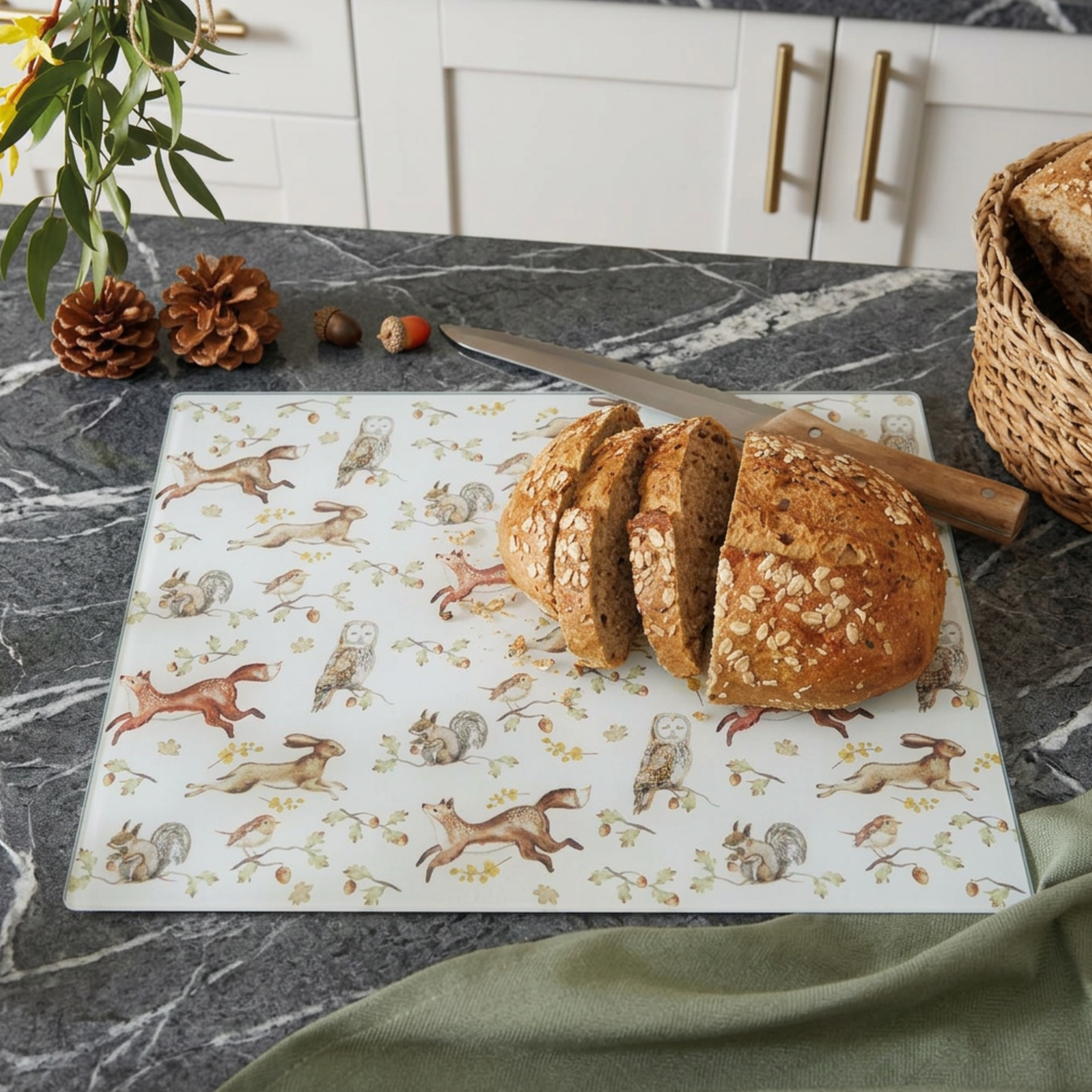 Forest Fable ( Owl, Rabbit)  - Glass Worktop Saver